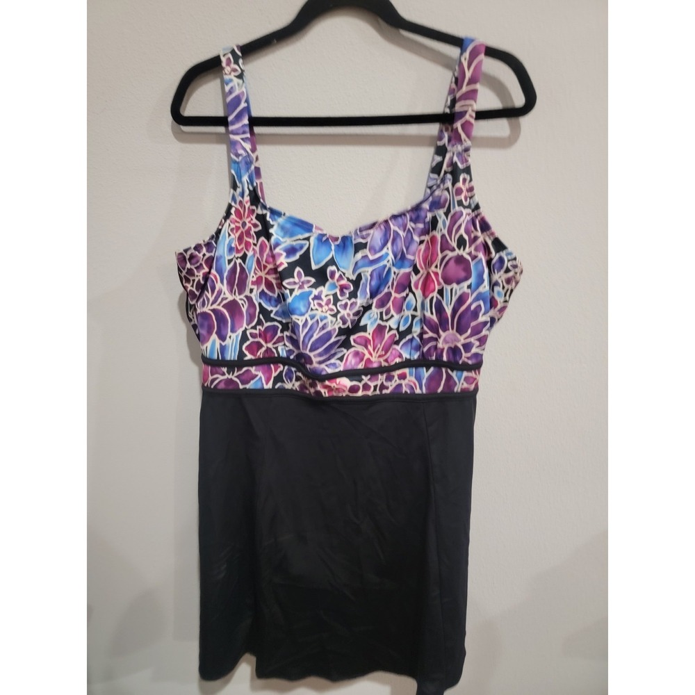 Resorts Plus 24W 1 Pc Swimsuit Black & Hawaiian Print‎ Tank Swimdress NWOT